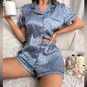 Blue cheetah print satin pajamas